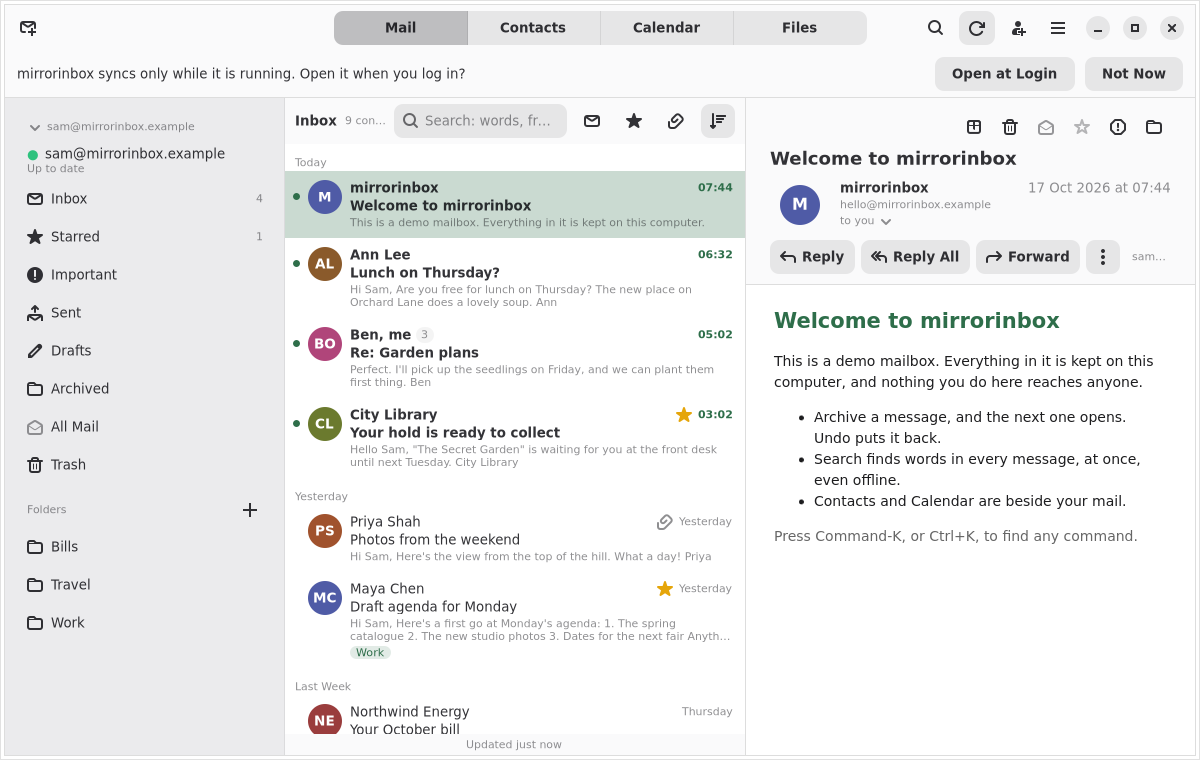 mirrorinbox on Linux, showing a mailbox and a message