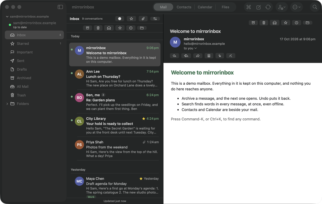 mirrorinbox on a Mac, showing a mailbox and a message