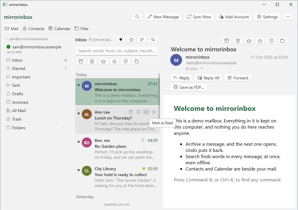mirrorinbox on Windows, showing a mailbox and a message